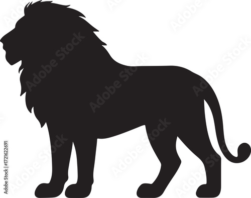 Majestic black silhouette of a powerful male lion standing regally with a full mane and tail