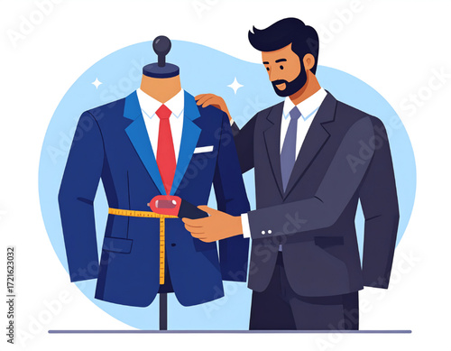 A tailor meticulously measures a suit jacket on a mannequin, ensuring perfect fit.