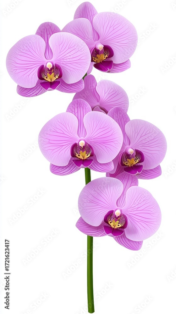 Fototapeta premium Light Purple Orchids with Speckled Petals and Green Stem on White Background