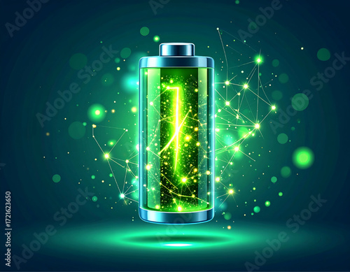 A glowing green battery with energy particles surrounding it, symbolizing power and electricity.
