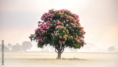 A solitary tree with pink blossoms in a misty field