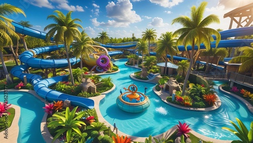 ultra detailed 360° panorama of tropical water park with giant slides, lazy river