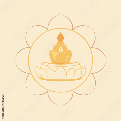 Golden Lotus Flower Candle Holder with Intricate Petal Design and Circular Frame Keywords: golden, lotus, flower, candle, holder, intricate, design, petals, circular, frame, spiritual, religious