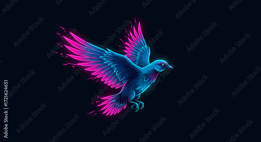 Fototapeta premium Stylized Blue Bird with Pink and Blue Neon Wings Flying.