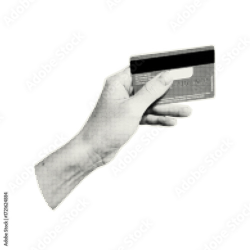 Hand holding bank card. Trendy element with halfton effect for a greeting card, collage, cover design.