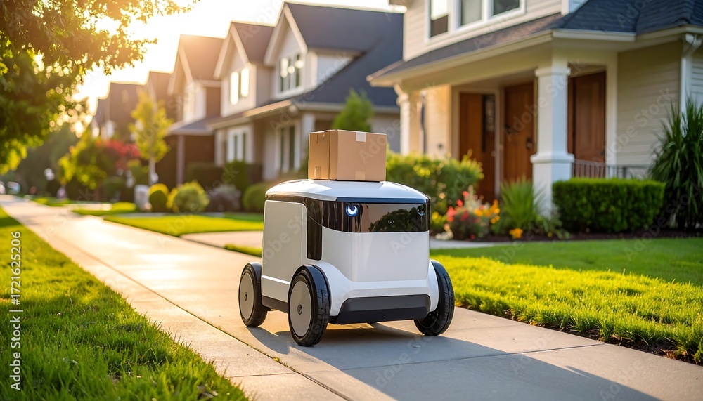 Fototapeta premium Autonomous delivery robot on a residential street at sunset