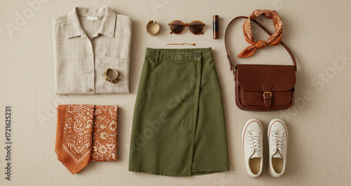 Flat lay of women's stylish autumn outfit linen shirt, olive skirt, bandana, leather bag, sunglasses, and sneakers.