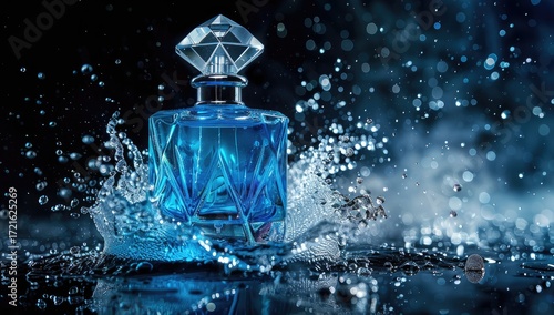 A sapphire-blue perfume bottle, elegantly faceted, sits amidst a dynamic splash of water, creating a dramatic and luxurious visual.  