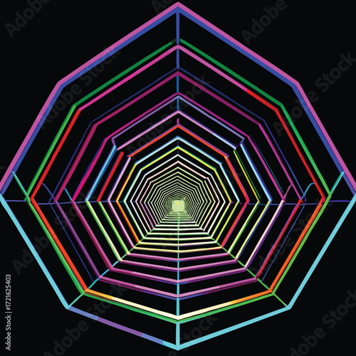 Infinite Neon Octagonal Tunnel with Rainbow Colors and Black Background abstract corridor