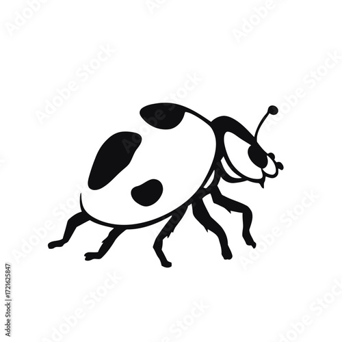 A cute cartoon illustration of a black and white dairy cow on a farm