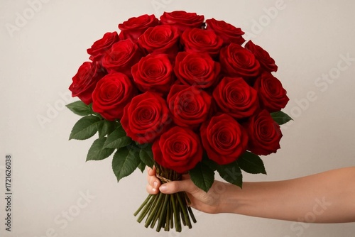 großer Rosenstrauß mit grünen Blättern in rechter Hand vor einem weißen Hintergrund