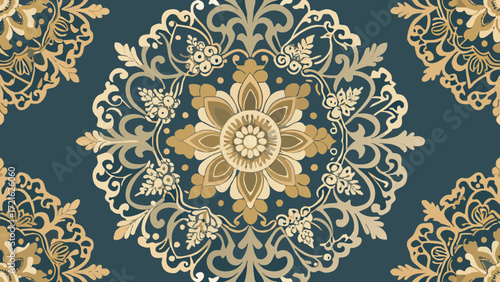 Intricate gold and beige floral mandala pattern on a dark teal background ornamental