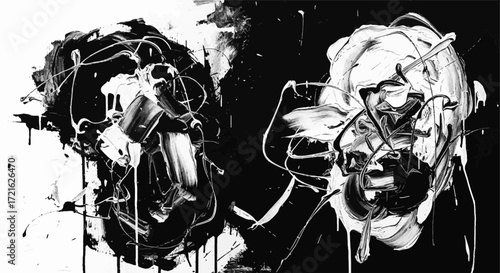 Dynamic black and white abstract painting with bold brushstrokes and chaotic splatters, creating a powerful, expressive modern art piece