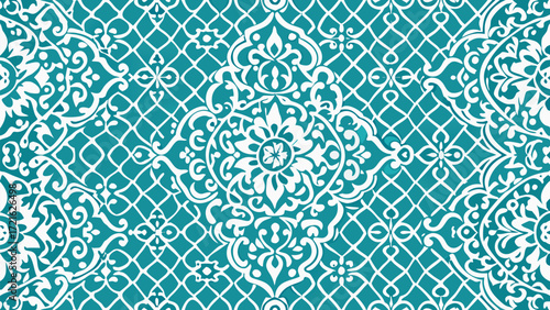 Intricate white ornamental damask pattern on a teal blue background Keywords: damask, pattern, seamless, ornamental, intricate, white, teal, blue, decorative, background, textile, fabric, design