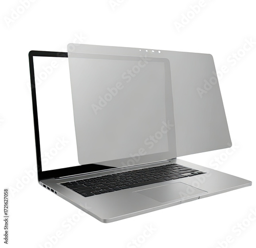 Laptop privacy screen applied, studio shot, white background, online security