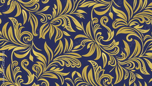 Luxurious gold floral pattern with swirling tendrils and leaves on a deep navy blue background luxury