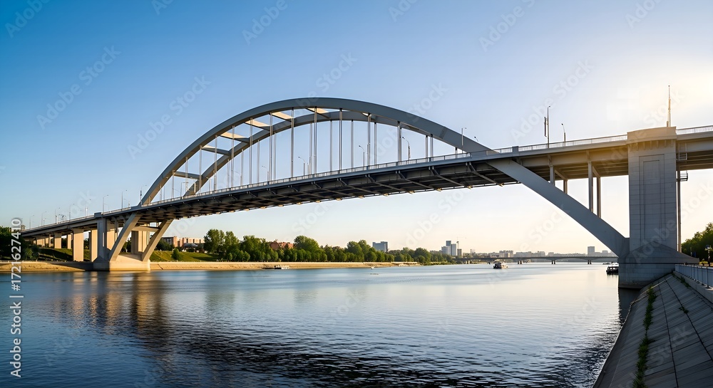 Naklejka premium A large arch bridge spans a wide, calm river under a bright blue sky. Trees line the far bank, and the sun illuminates the structure