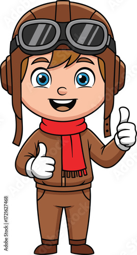 Cute cartoon pilot boy wearing aviator helmet, goggles, red scarf, giving thumbs up, smiling character, vintage aviation style, vector illustration for kids and education