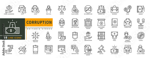 Minimalist Corruption line icons set with editable stroke, featuring money loundering, scam, crime, political, justice, mafia, black money, corporate fraund, steal, prisson. thin linear illustration.