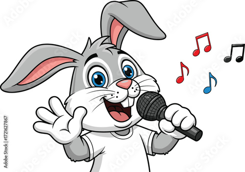 Cute cartoon rabbit singing into microphone, musical notes, happy expression, gray fur, animal character, vector illustration for kids, music, and entertainment
