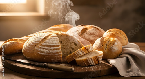 Warm light on freshly baked bread, photorealistic detail symbolizing sharing