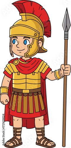 Cute cartoon Roman soldier, ancient history character, child warrior, historical costume, red cape, golden armor, spear holding, educational illustration, kids vector art