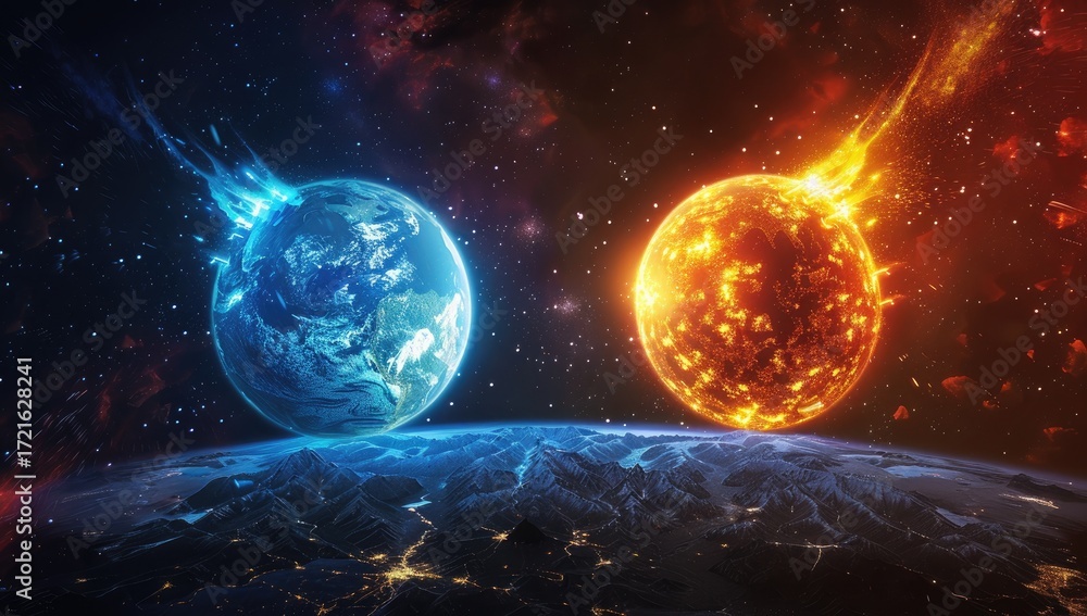Obraz premium A fiery, blazing celestial body and a cool, icy planet are juxtaposed against a backdrop of a dark, starry expanse, with a sliver of a snow-capped mountainous planet visible at the bottom