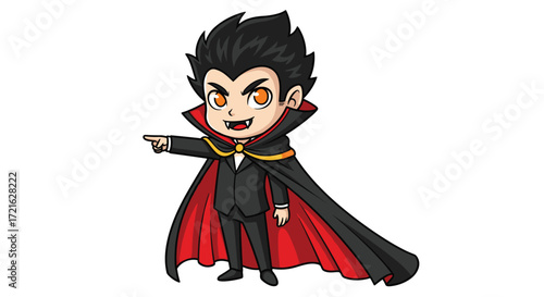 Cute cartoon vampire boy pointing, Halloween character, spooky fun, animated Dracula, red cape, black suit, chibi style, funny monster, kids illustration