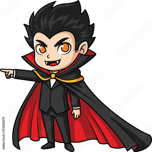 Cute cartoon vampire boy pointing, Halloween character, spooky fun, animated Dracula, red cape, black suit, chibi style, funny monster, kids illustration