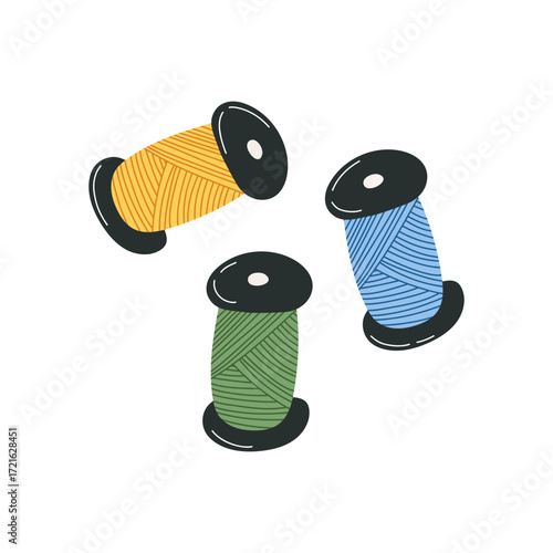 Hand drawn vector illustration of sewing thread spools in cartoon flat style. Colorful bobbins of thread perfect for needlework, tailoring, and textile projects.