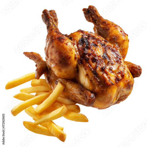 Peru Pollo a la Brasa Rotisserie roasted chicken placed on pile of French fries, isolated on white transparent background, concept of street fast food