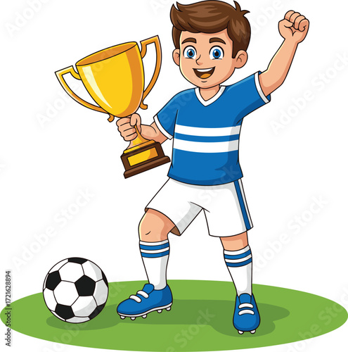 Happy cartoon boy soccer player holding golden trophy, celebrating victory with ball on grass, wearing blue jersey and sports gear, vector illustration