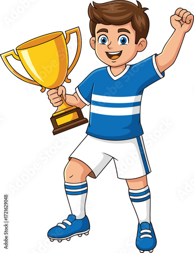 Happy cartoon boy soccer player holding golden trophy, celebrating victory with raised fist, wearing blue jersey and sports gear, vector illustration