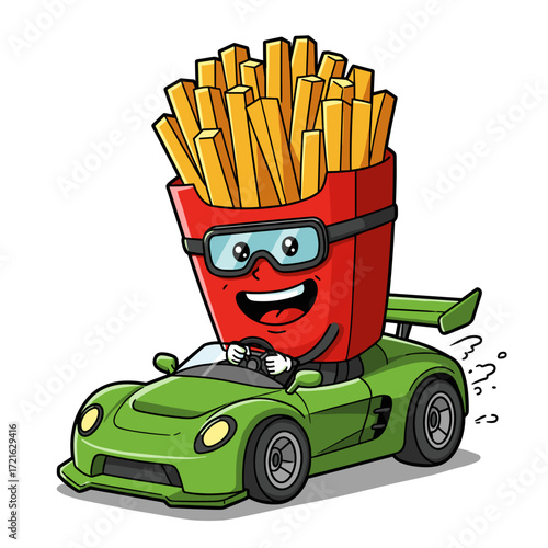Energetic cartoon french fries driving a car for food delivery services, fast food promotions, and restaurant marketing  