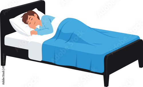 Man sleeping peacefully in bed, restful night, comfortable sleep, bedroom scene, healthy lifestyle, relaxation illustration, cartoon character, blue blanket, cozy bedtime