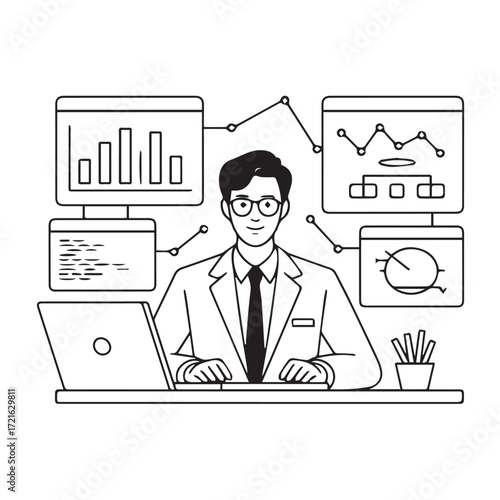 A black and white line drawing of a man in glasses and a suit working on a laptop with charts and graphs on screens technology background