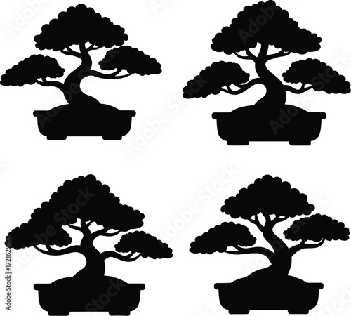 Four bonsai tree silhouettes in minimalist style