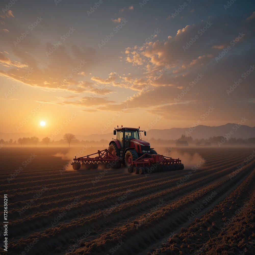 Fototapeta premium Red tractor plowing field at sunrise with dust and strong rows