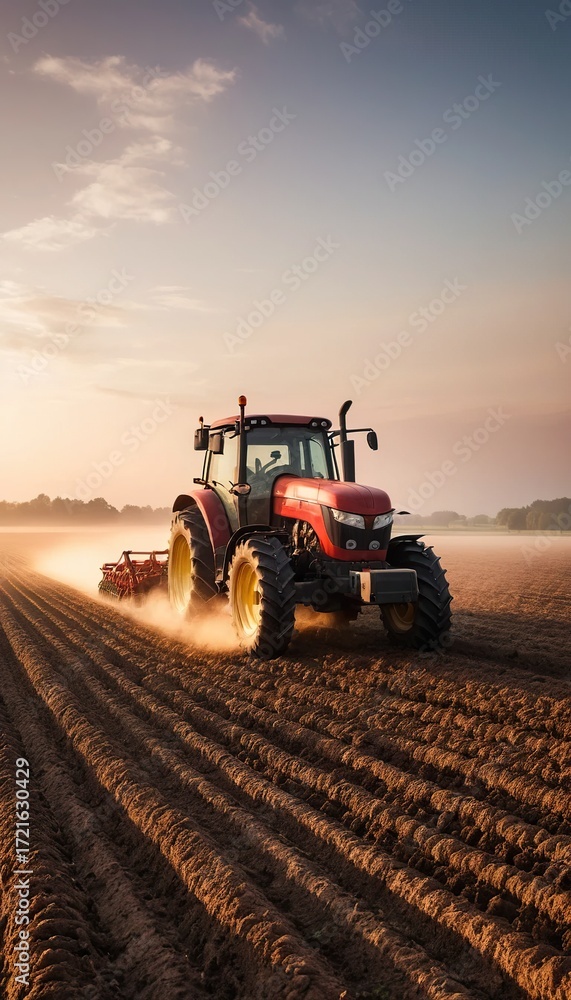 Fototapeta premium Modern red tractor cultivating soil on agricultural field during misty morning sunrise
