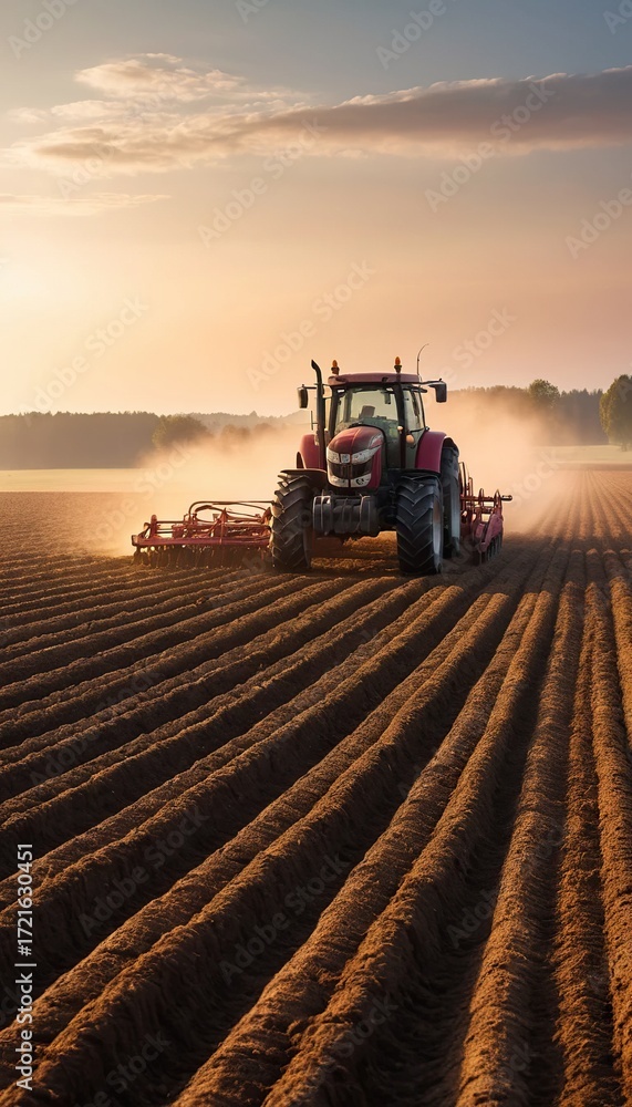 Fototapeta premium Agricultural tractor preparing soil in large farmland under early morning light haze