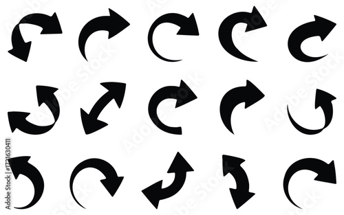 Collection of black curved arrows, pointing in different directions, vector illustration set, navigation and direction symbols, hand drawn arrow design elements