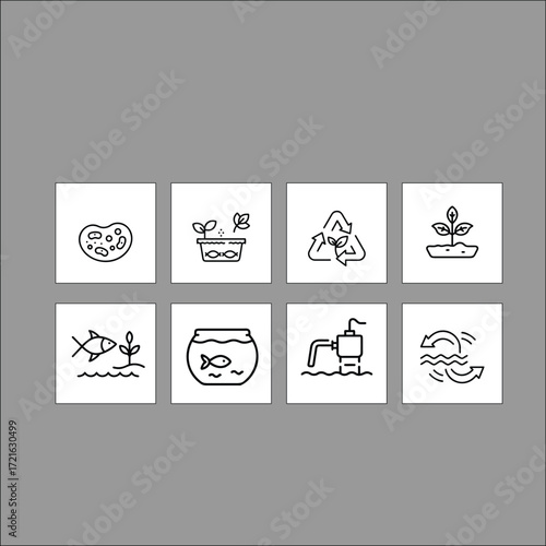 Aquaponics and Water Recycling Icons – Fish Farming, Plant Growth, and Eco-Friendly Systems