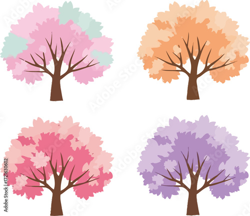 Four colorful trees in different hues