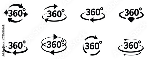 Collection of eight 360 degree view icons, virtual reality and product presentation, vector illustration set, interactive and immersive design symbols, VR and 3D visualization elements