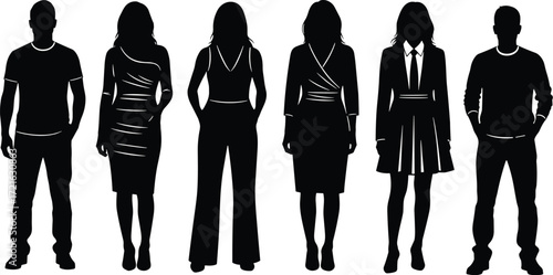 Black and white vector silhouettes of men and women in casual and business fashion outfits, full‑length standing figures for design illustration