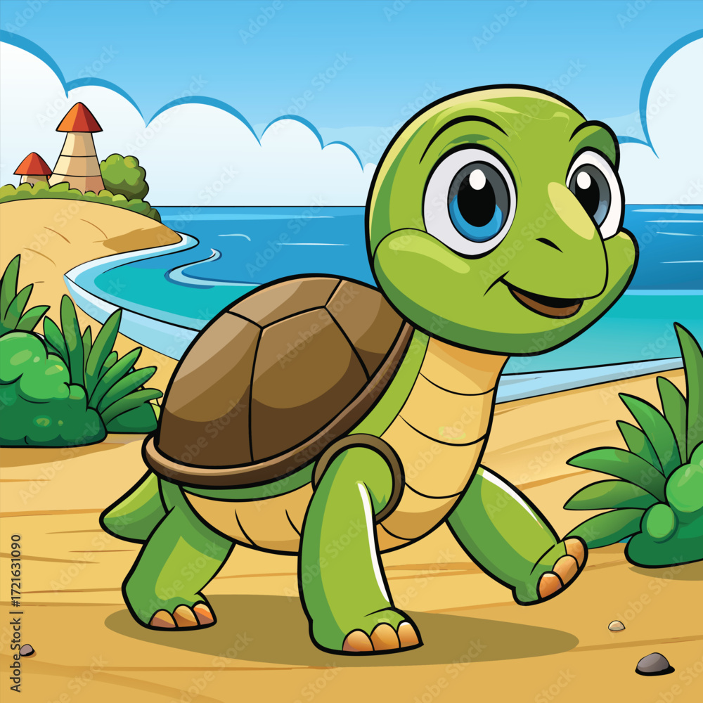 Fototapeta premium Adorable cartoon turtle walking slowly on a sunny beach by the ocean vector