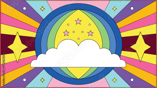 Psychedelic Rainbow Arch with Stars and Cloud Background dreamy colorful
