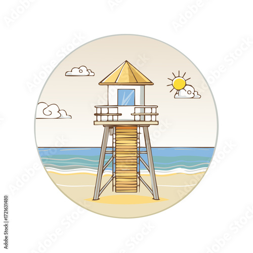 Vibrant beach scene with a classic lifeguard tower overlooking the ocean waves under a sunny sky with scattered clouds