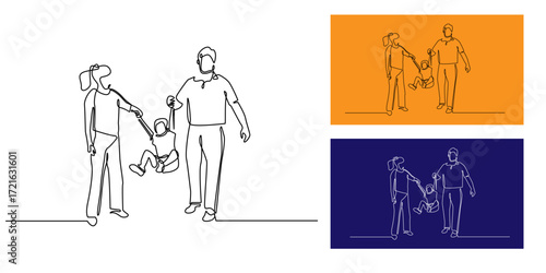 Continuous line drawing of parents swinging their child by hands, symbolizing family happiness, love, care, and joyful parenting moment in minimalist one line art style.