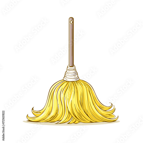 Vibrant Yellow String Mop Standing Ready for Cleaning Duties Cartoon Illustration